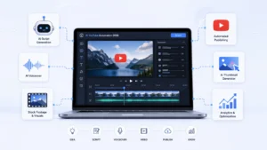 Best AI tools for YouTube automation 2026 concept showing laptop video editor with AI icons for script, voiceover, thumbnails, and analytics