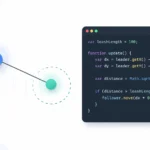 9.7.4 leash CodeHS answers illustration showing leader and follower objects connected with distance logic and simple JavaScript code example