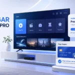 Professional illustration of comprar recargar magis tv pro 2025 showing smart TV streaming interface with secure digital payment, subscription renewal concept, and modern tech UI in a clean blue and white design.