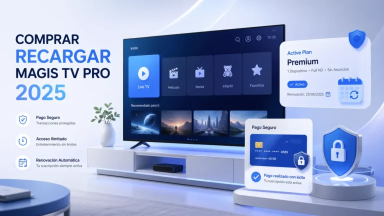Professional illustration of comprar recargar magis tv pro 2025 showing smart TV streaming interface with secure digital payment, subscription renewal concept, and modern tech UI in a clean blue and white design.
