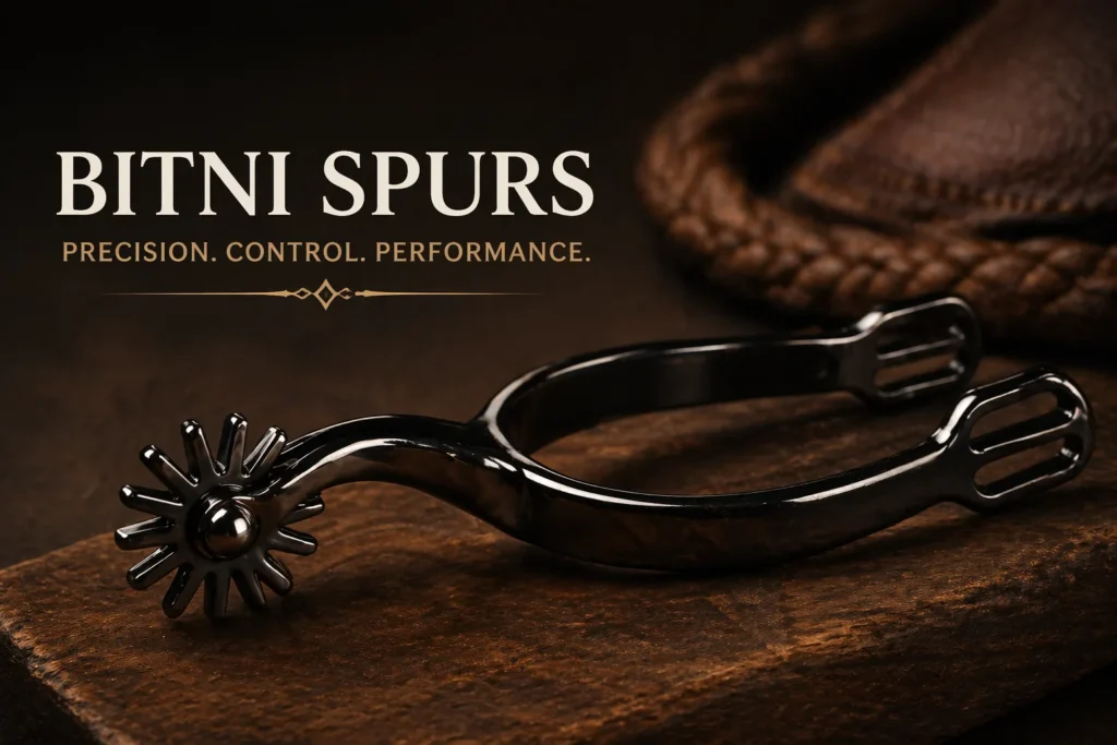A polished black metal spur resting on a rustic wooden surface, illuminated by warm, dramatic lighting that highlights its sleek design. The background features soft leather textures, adding depth and warmth to the composition. Elegant serif text "BITNI SPURS" and the tagline "PRECISION. CONTROL. PERFORMANCE." are displayed above, emphasizing the product's quality.