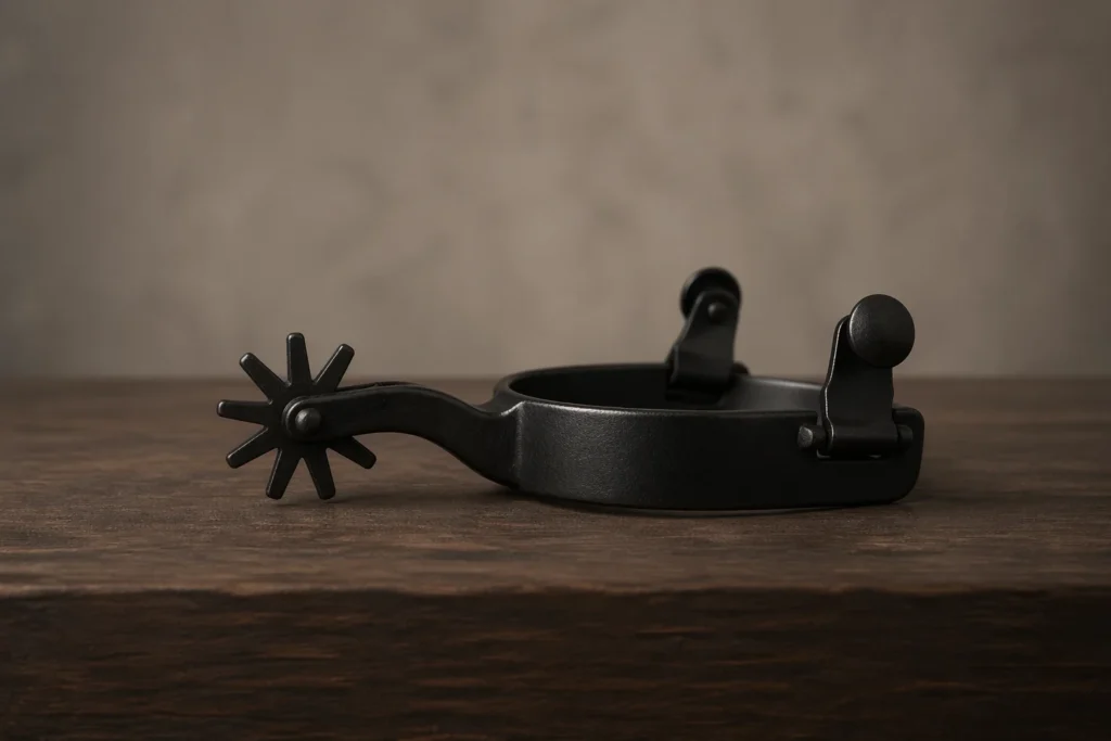 A minimalist shot of a single black metal spur placed on a simple dark wooden table. Soft, subtle lighting creates gentle shadows, emphasizing the sleek curves of the spur. The background is plain, with neutral tones, focusing entirely on the elegance and simplicity of the spur.

