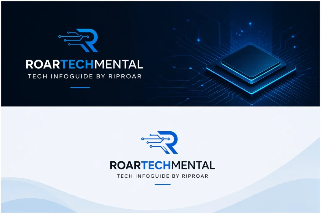 A modern, professional landscape illustration showing a laptop with a glowing neon-blue brain on its screen, surrounded by tech icons and a shield symbol, all set against a dark blue gradient background with futuristic circuit patterns. The image is titled “ROARTECHMENTAL Tech Infoguide by RipRoar.”
