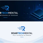 A modern, professional landscape illustration showing a laptop with a glowing neon-blue brain on its screen, surrounded by tech icons and a shield symbol, all set against a dark blue gradient background with futuristic circuit patterns. The image is titled “ROARTECHMENTAL Tech Infoguide by RipRoar.”