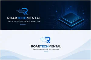 A modern, professional landscape illustration showing a laptop with a glowing neon-blue brain on its screen, surrounded by tech icons and a shield symbol, all set against a dark blue gradient background with futuristic circuit patterns. The image is titled “ROARTECHMENTAL Tech Infoguide by RipRoar.”