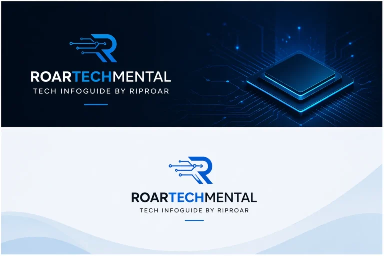 A modern, professional landscape illustration showing a laptop with a glowing neon-blue brain on its screen, surrounded by tech icons and a shield symbol, all set against a dark blue gradient background with futuristic circuit patterns. The image is titled “ROARTECHMENTAL Tech Infoguide by RipRoar.”