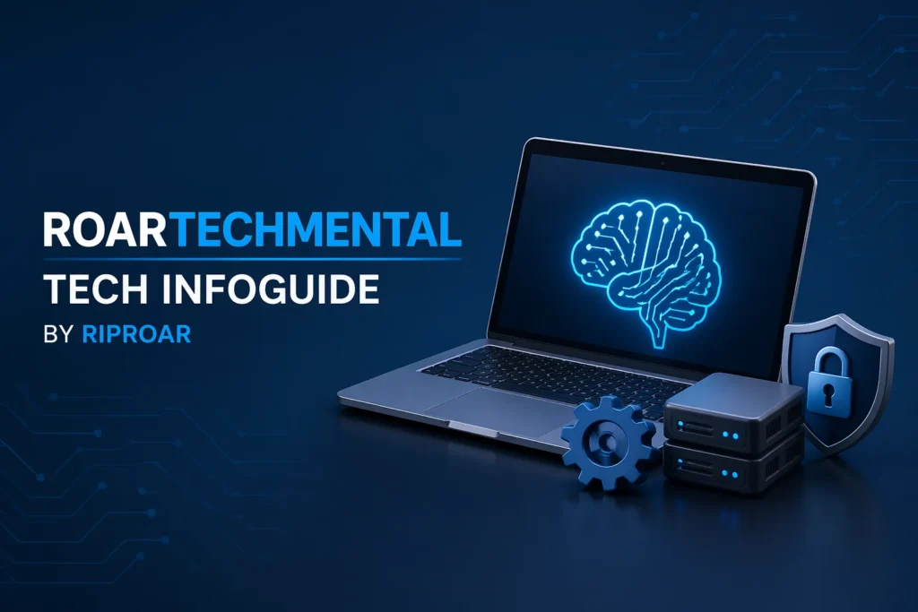 A sleek and simple digital banner with a roartechmental tech infoguide by riproar blue and white color scheme. The design features tech-related icons, clean lines, and abstract geometric shapes. It focuses on clarity and simplicity, showcasing the title "RoarTechMental Tech Infoguide."
