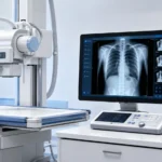 rad tech boot camp, Modern radiology training room with X-ray machine and digital screen showing bone scan, clean layout with minimal training icons in soft blue tones.
