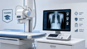 rad tech boot camp, Modern radiology training room with X-ray machine and digital screen showing bone scan, clean layout with minimal training icons in soft blue tones.