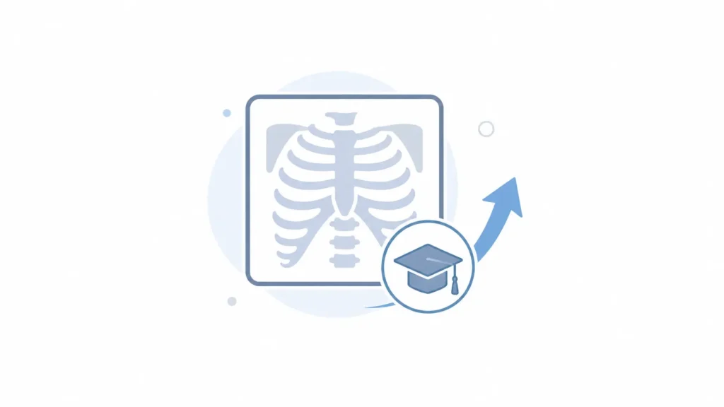 rad tech boot camp, Minimal X-ray icon with graduation cap and upward arrow, simple geometric design in light gray and blue, clean and professional look.