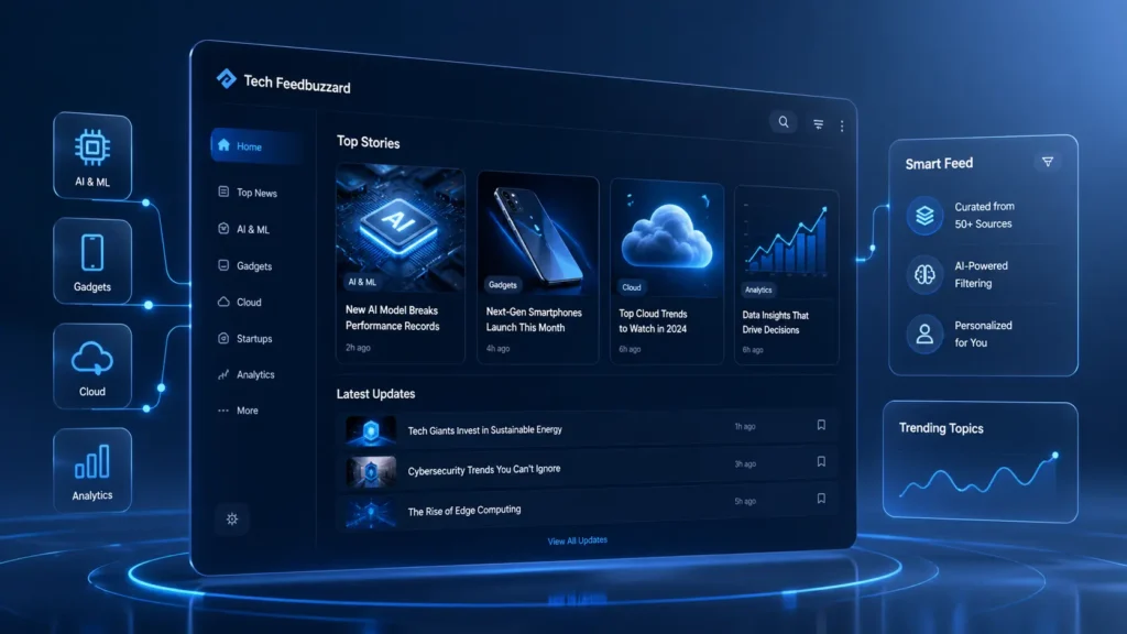 Tech Feedbuzzard, A futuristic tech dashboard interface representing a smart news aggregation system with floating panels, AI-powered categories, and analytics cards in a clean blue-themed design.