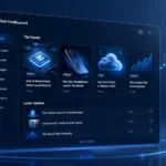 Tech Feedbuzzard, A futuristic tech dashboard interface representing a smart news aggregation system with floating panels, AI-powered categories, and analytics cards in a clean blue-themed design.