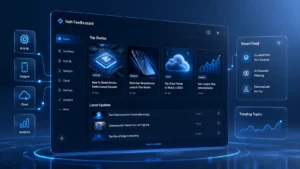 Tech Feedbuzzard, A futuristic tech dashboard interface representing a smart news aggregation system with floating panels, AI-powered categories, and analytics cards in a clean blue-themed design.