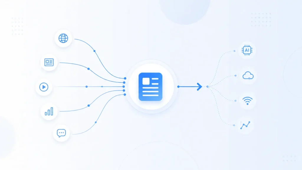 Tech Feedbuzzard, A minimal abstract illustration showing a central digital feed icon connected to simple data sources and outputs, representing how tech news is collected and distributed in a clean visual flow.
