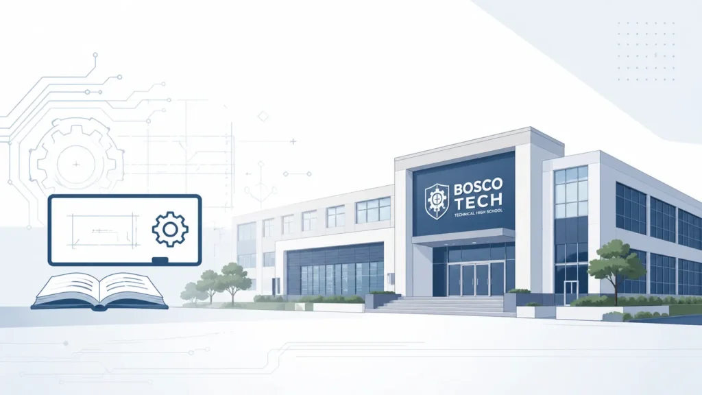 xavier jimenez teacher bosco tech, A clean, modern illustration of a technical school campus with a structured building, subtle circuit-style design elements, and an open book icon representing education and teaching in a minimalist flat style.