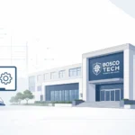 xavier jimenez teacher bosco tech, A clean, modern illustration of a technical school campus with a structured building, subtle circuit-style design elements, and an open book icon representing education and teaching in a minimalist flat style.