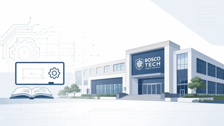 xavier jimenez teacher bosco tech, A clean, modern illustration of a technical school campus with a structured building, subtle circuit-style design elements, and an open book icon representing education and teaching in a minimalist flat style.