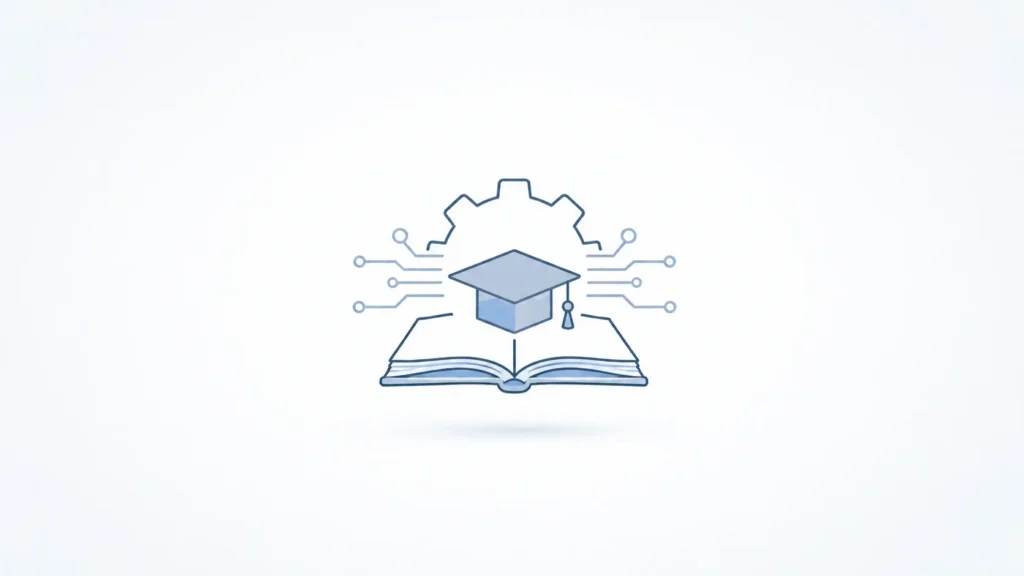 xavier jimenez teacher bosco tech, A minimal flat illustration showing an open book combined with a graduation cap and gear symbol, representing education and technical learning with simple clean lines and soft colors.