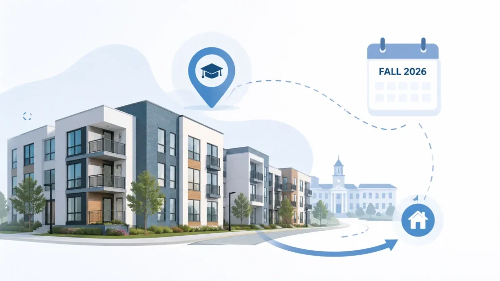 fall 2026 sublease virginia tech, A clean modern illustration showing student housing near a campus with minimalist apartment buildings, a location pin, and a calendar labeled Fall 2026 connected by soft directional lines, representing rental flow in a simple professional style.