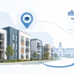 fall 2026 sublease virginia tech, A clean modern illustration showing student housing near a campus with minimalist apartment buildings, a location pin, and a calendar labeled Fall 2026 connected by soft directional lines, representing rental flow in a simple professional style.