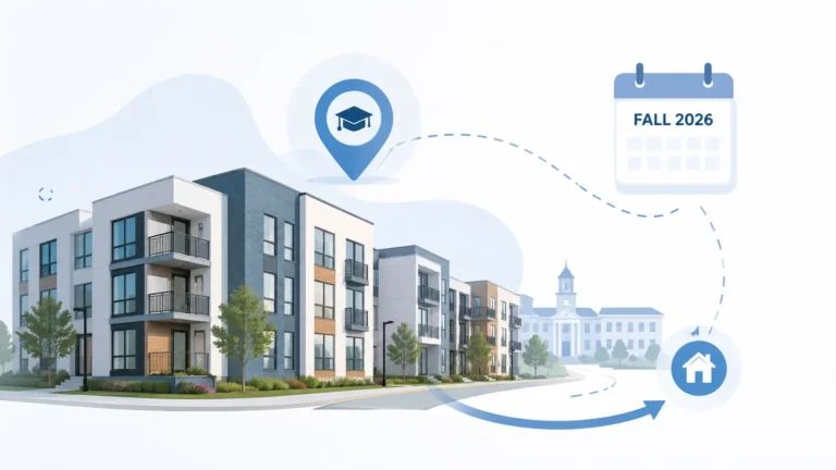 fall 2026 sublease virginia tech, A clean modern illustration showing student housing near a campus with minimalist apartment buildings, a location pin, and a calendar labeled Fall 2026 connected by soft directional lines, representing rental flow in a simple professional style.