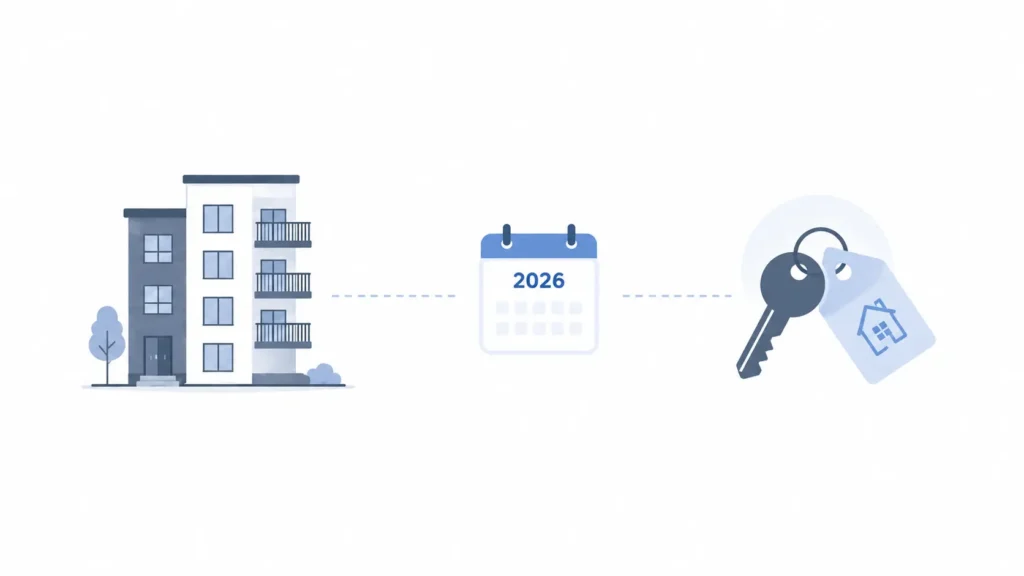 fall 2026 sublease virginia tech, A minimal flat design depicting a student sublease concept with a small apartment building icon, a key with a rental tag, and a calendar marked 2026, all linked by a thin line to show leasing connection in a clean, modern layout.

