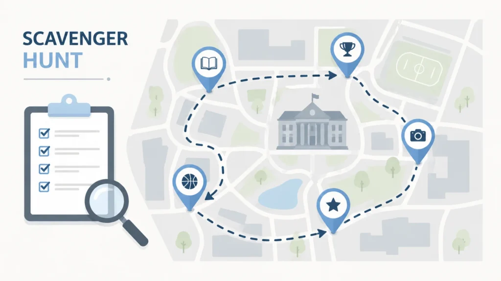 fraternity scavenger hunt, Scavenger hunt illustration showing a checklist clipboard with a magnifying glass on the left and a mapped route with location pins on the right.