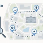 fraternity scavenger hunt, Scavenger hunt illustration showing a checklist clipboard with a magnifying glass on the left and a mapped route with location pins on the right.