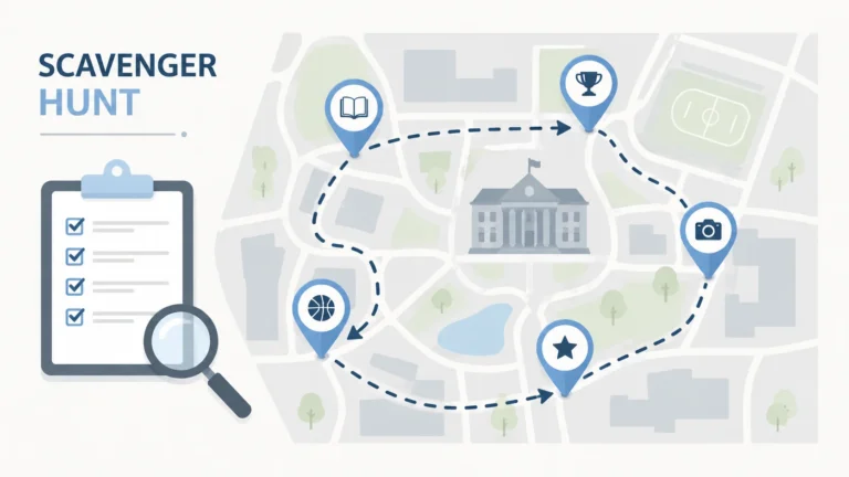 fraternity scavenger hunt, Scavenger hunt illustration showing a checklist clipboard with a magnifying glass on the left and a mapped route with location pins on the right.