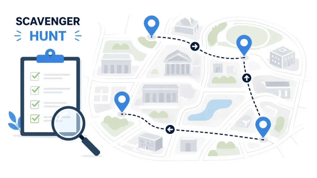 fraternity scavenger hunt, Modern infographic of a scavenger hunt with a task checklist, magnifying glass, and a route map marked with blue location pins and directional path.