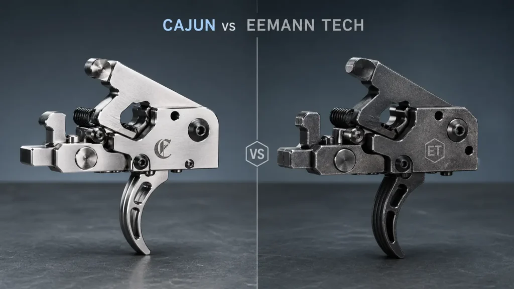 Side-by-side comparison of Cajun and Eemann Tech firearm trigger upgrade components on a clean workbench, showing polished vs rugged engineering styles in a professional studio lighting setup.