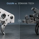 Side-by-side comparison of Cajun and Eemann Tech firearm trigger upgrade components on a clean workbench, showing polished vs rugged engineering styles in a professional studio lighting setup.