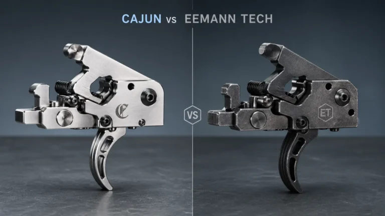 Side-by-side comparison of Cajun and Eemann Tech firearm trigger upgrade components on a clean workbench, showing polished vs rugged engineering styles in a professional studio lighting setup.