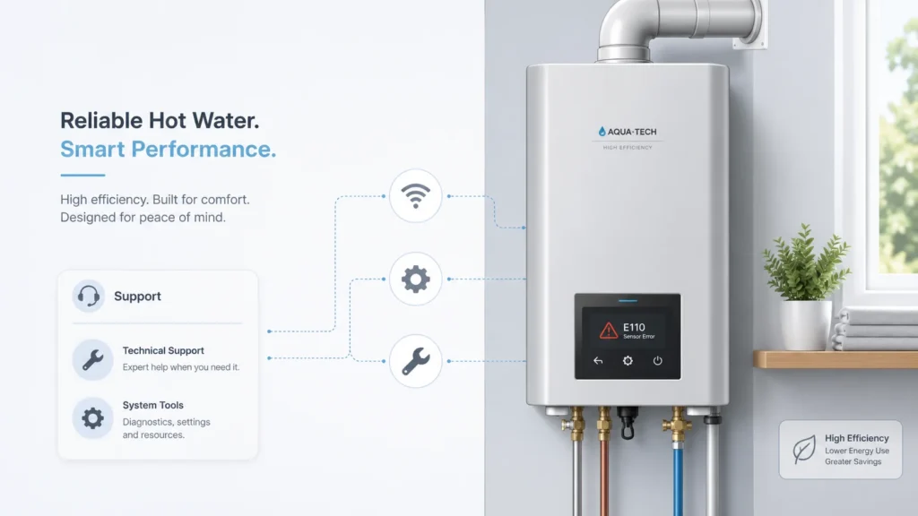 Modern boiler system with digital error icon and tech support symbols representing Lochinvar tech support troubleshooting and maintenance.