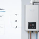 Modern boiler system with digital error icon and tech support symbols representing Lochinvar tech support troubleshooting and maintenance.