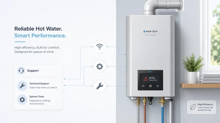 Modern boiler system with digital error icon and tech support symbols representing Lochinvar tech support troubleshooting and maintenance.