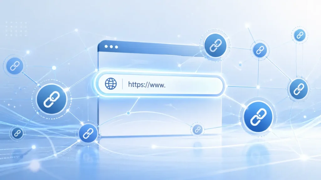 Abstract futuristic illustration showing connected web links and digital nodes forming a network around a glowing browser URL bar, representing the concept of URLWO and online link systems in a modern tech style.