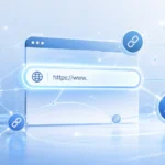 Abstract futuristic illustration showing connected web links and digital nodes forming a network around a glowing browser URL bar, representing the concept of URLWO and online link systems in a modern tech style.