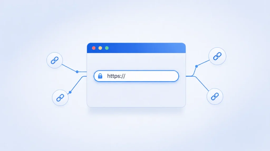 Minimal flat illustration of a browser window with a highlighted URL bar connected to simple link nodes, visually representing URLWO as a basic web link and URL concept in a clean modern style.