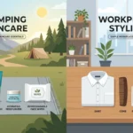 Camping skincare and workplace styling essentials neatly arranged, including sunscreen, moisturizer, wipes, and clean clothes in a minimal layout