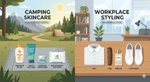 Camping skincare and workplace styling essentials neatly arranged, including sunscreen, moisturizer, wipes, and clean clothes in a minimal layout