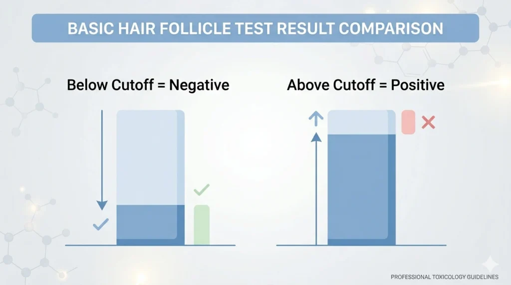 Simple diagram showing positive vs negative hair follicle test results based on cutoff levels
