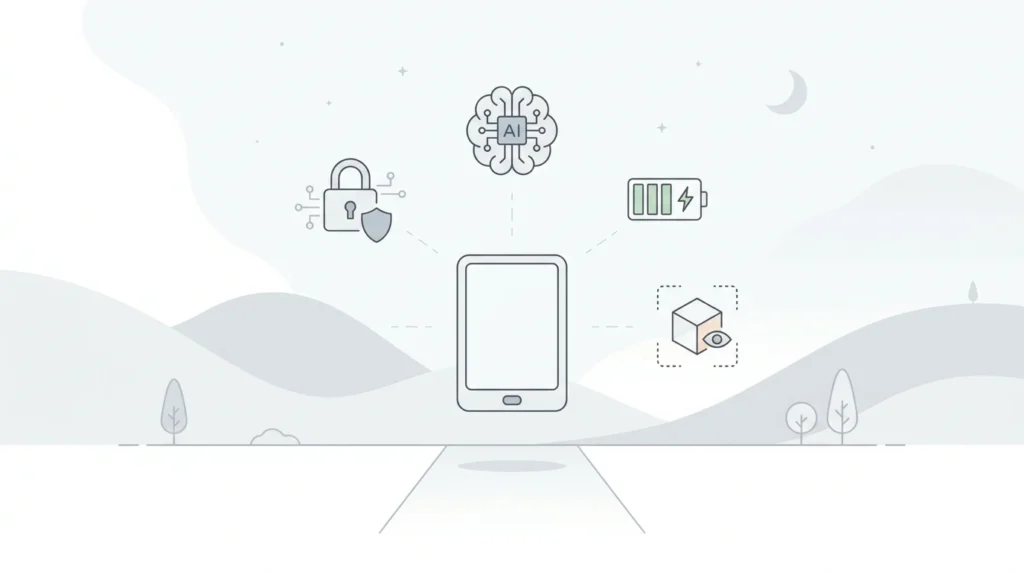 what new tech is coming out otvptech minimal illustration with simple device icon and clean symbols of AI, battery, security and augmented reality in a modern layout