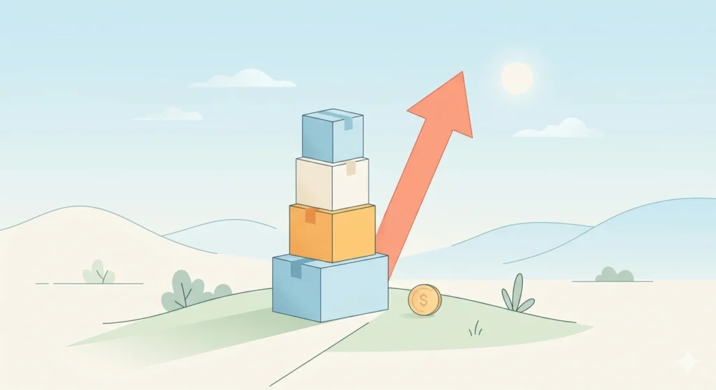 Simple illustration of CPG capital raises with product boxes and growth arrow representing funding