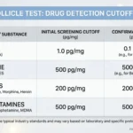 Hair follicle test results levels chart showing drug cutoff values in ng per mg in a clean professional table
