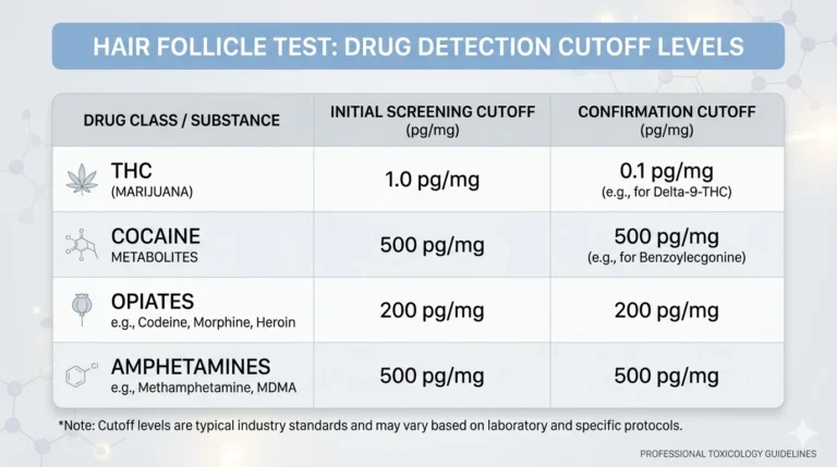 Hair follicle test results levels chart showing drug cutoff values in ng per mg in a clean professional table