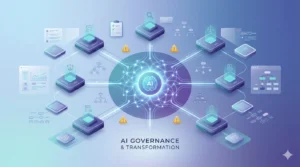 AI governance concept showing a glowing neural network connected to control systems, checklists, and decision pathways in a clean digital environment