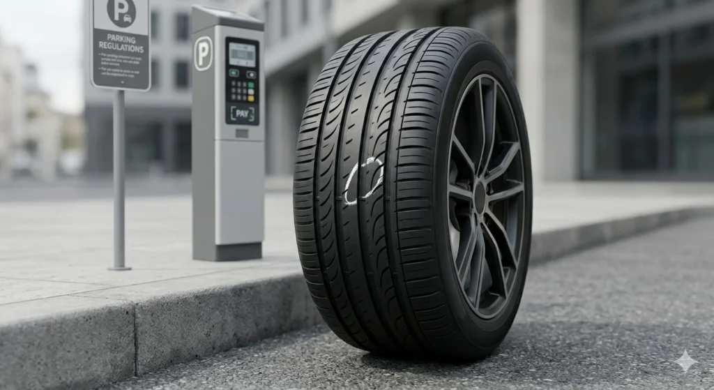Chalk mark on car tire used by parking enforcement to track parking time on city street
