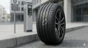 Chalk mark on car tire used by parking enforcement to track parking time on city street
