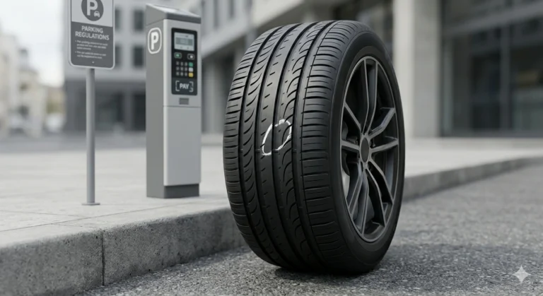 Chalk mark on car tire used by parking enforcement to track parking time on city street